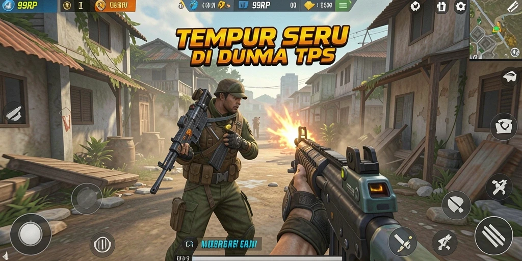 Screenshot utama 99RP menampilkan pertempuran seru dalam mode TPS.