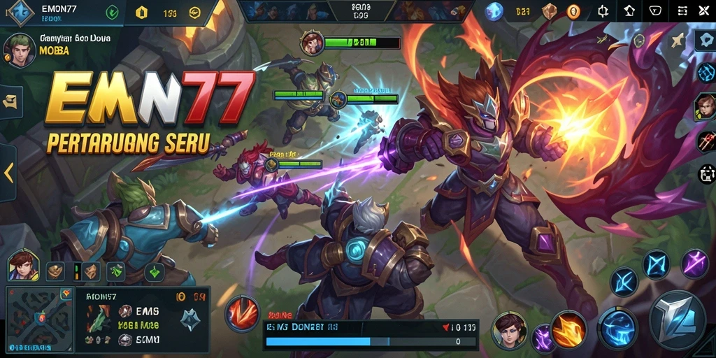 Screenshot dari gameplay seru dalam EMON77, pertarungan MOBA yang mendebarkan.