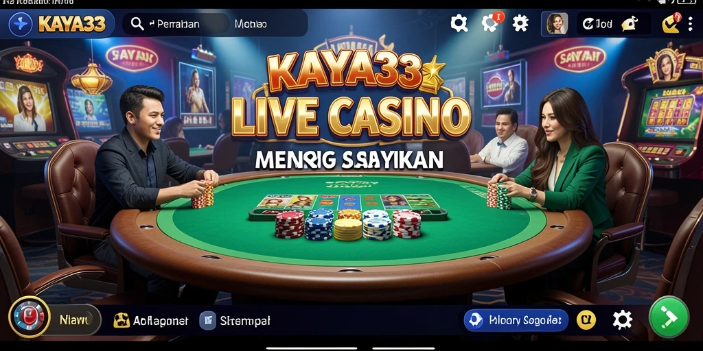 Tampilan screenshot gameplay KAYA33 yang menampilkan dealer langsung dan suasana kasino.