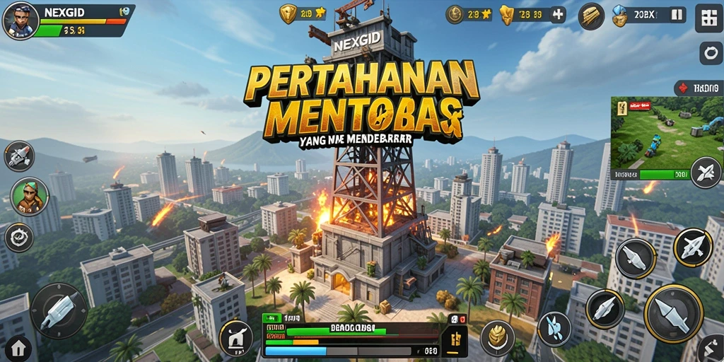 Screenshot NEXGID menunjukkan strategi menara melawan musuh yang menyerang.