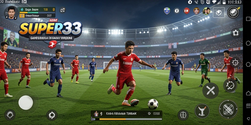 Tampilan gameplay SUPER33 yang mendebarkan dan penuh aksi sepak bola.