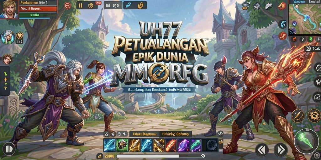 Screenshot gameplay UH77 yang menunjukkan pertarungan epik dalam dunia MMORPG.